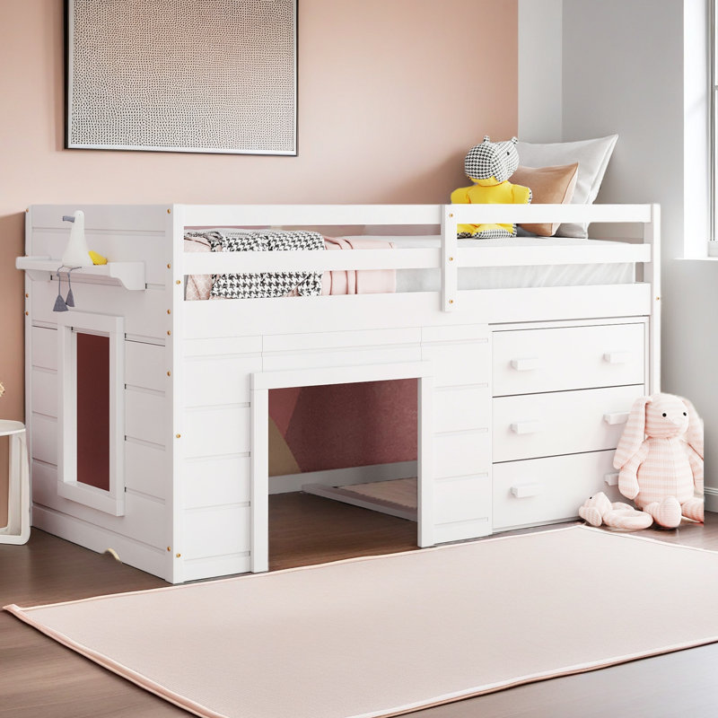 Lit mezzanine simple avec armoire et tablette, Blanc