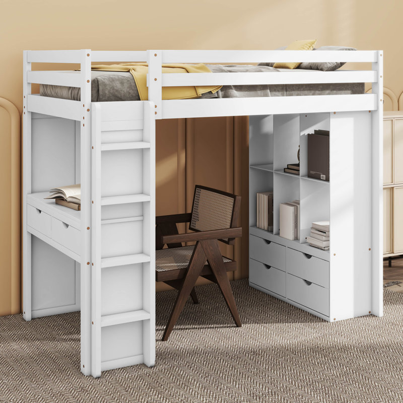  Lit mezzanine Angret avec grandes tablettes, bureau et lumière DEL, Lit simple, Blanc