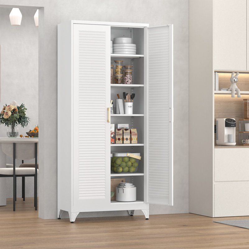 75" Metal Storage Cabinet With Doors And Shelves, White Kitchen Pantry Cabinet, 6-tier Freestanding Tall Storage Cabinet For Garage, Office, Bathroom, Laundry Room, Dining Room