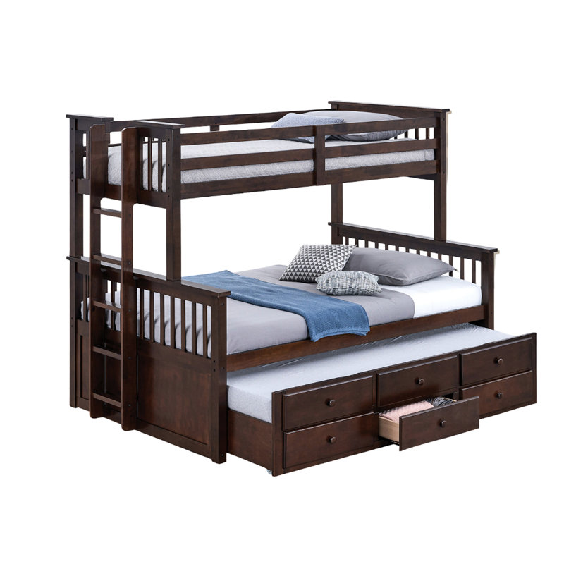Lit superposé simple au-dessus d'un lit double de style transitionnel en teinte noyer foncé, avec tiroirs gigognes, bois massif d'ingénierie, pour la chambre à coucher