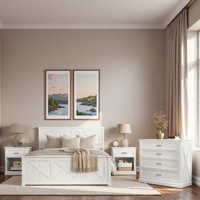 Ensemble de chambre à coucher 4 pièces, lit plateforme en bois avec tête de lit à motifs classiques, 2 tables de chevet avec tiroir et tablette ouverte, 1 commode à 4 tiroirs