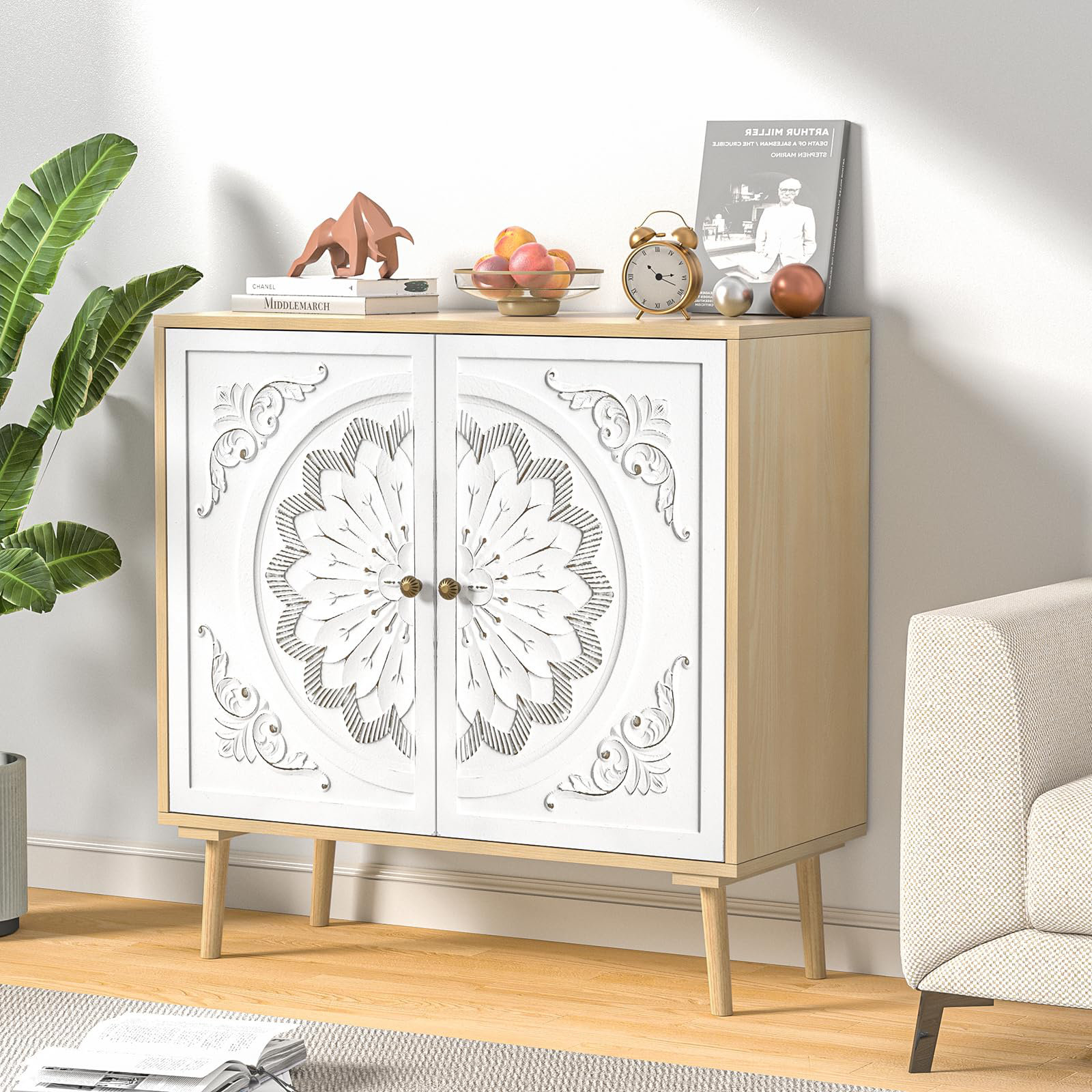 Dakota Fields Carved Buffet Cabinet With Doors, Flower Patten, For ...