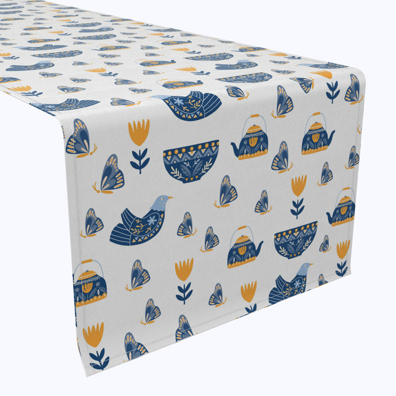 Table Runner, 100% Cotton, 16X108", Teapots & Butterflies, 90" L x 16" W