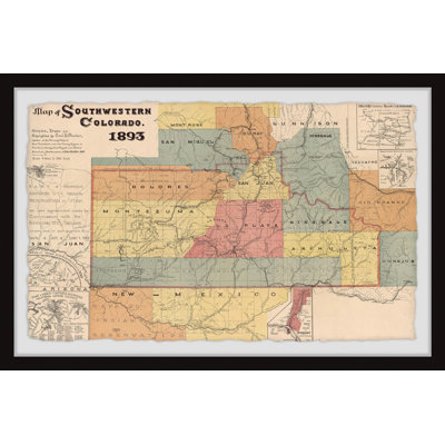 Carte du sud-ouest du Colorado - Reproduction d'art graphique sur papier encadré
