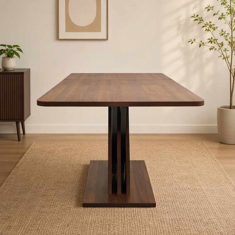 Cet ensemble de tables et chaises de salle à manger présente un design moderne et élégant, qui rehausse son esthétique. La table est dotée d'un piètement robuste en forme de X décalé, qui met en valeur sa beauté géométrique.