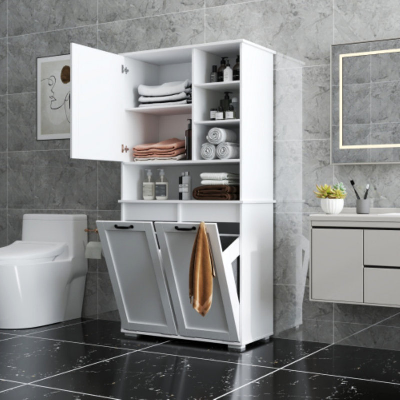 Armoire de rangement pour la lessive avec panier inclinable, plusieurs tablettes et portes réglables, organisateur autoportant pour la maison
