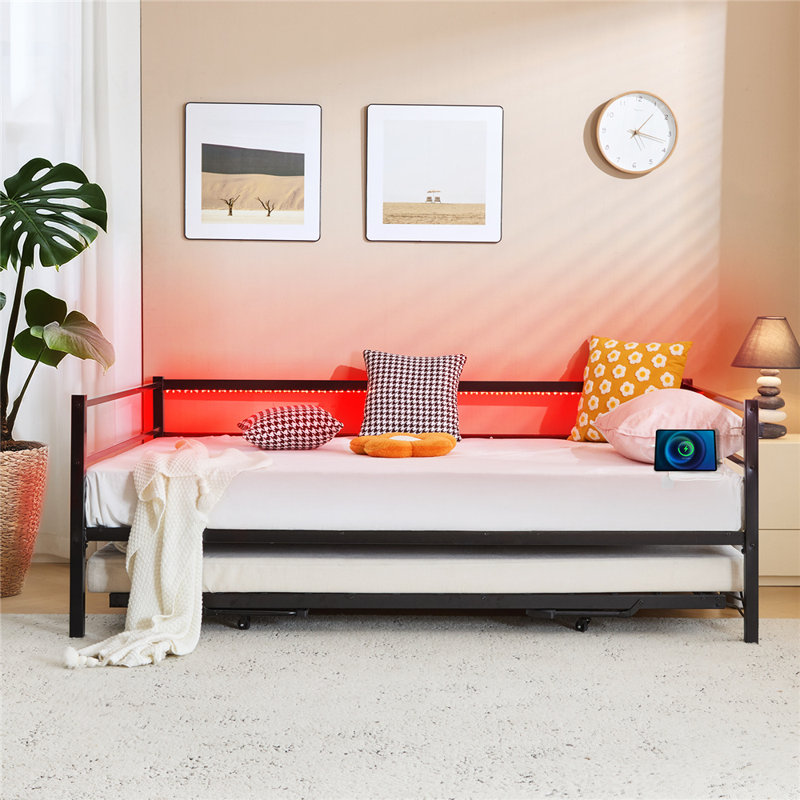 Daybed With Charging Station And LED Lights,Heavy Duty Metal Day Daybed With Pop Up Trundle, No Box Spring Needed, Full