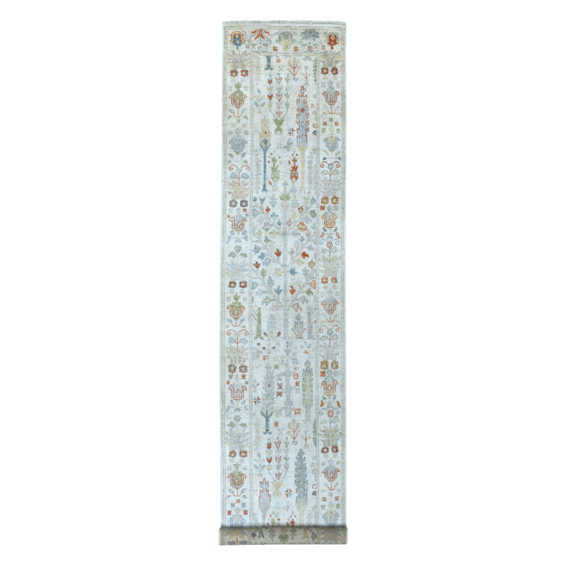 Tapis de couloir oriental très doux en laine nouée à la main 2 pi 9 po x 15 pi 6 po Angora Oushak ivoire avec cyprès