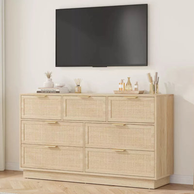 Rattan 7 Drawer Dresser with Metal Handles, 55" Wide Storage Chest for Bedroom Home Office