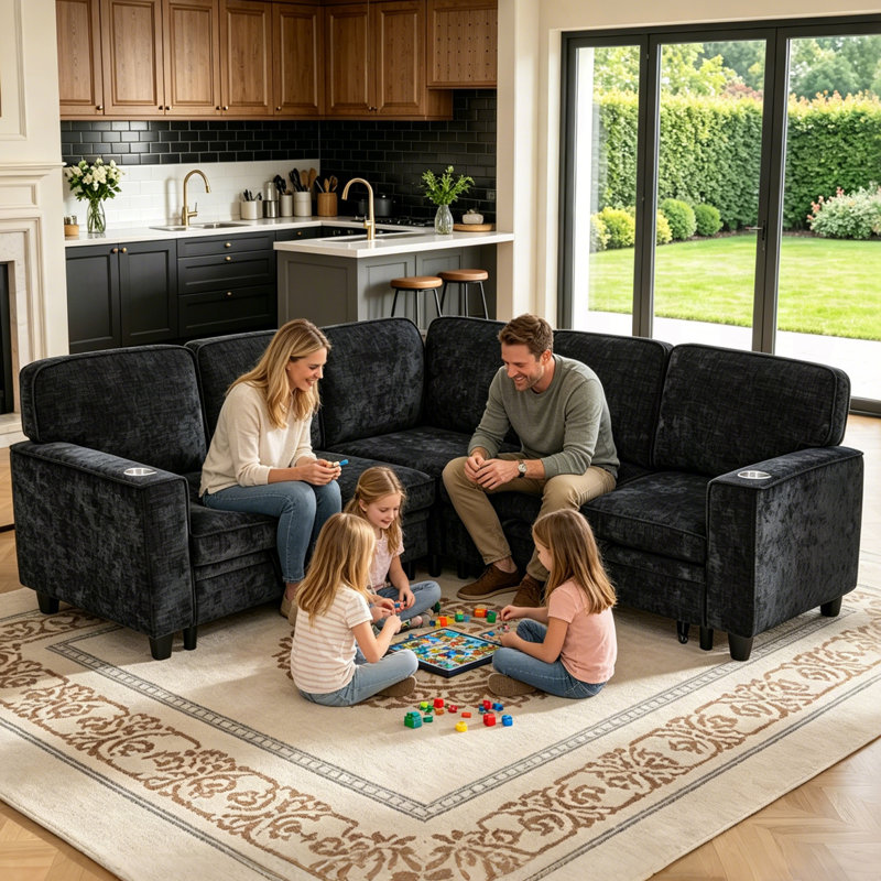 Muli 3-Piece Black Chenille Sectional Sofa Sleeper with Storage and USB Charge, Black Chenille
