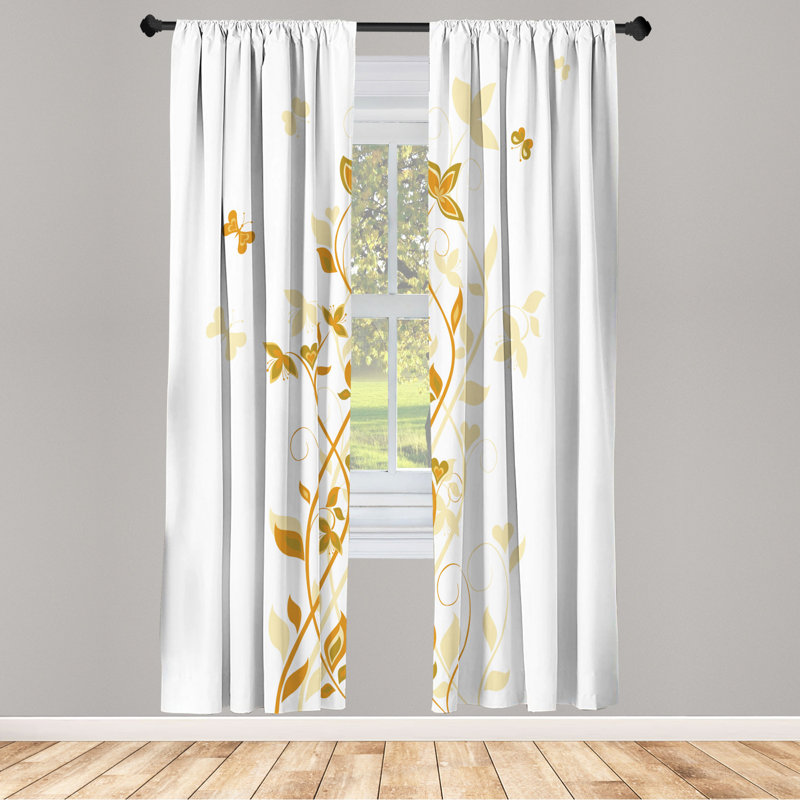 Microfiber Floral Semi-Sheer Rod Pocket Curtain Panels, 28" W x 63" L, Light Yellow/Dark Yellow/White