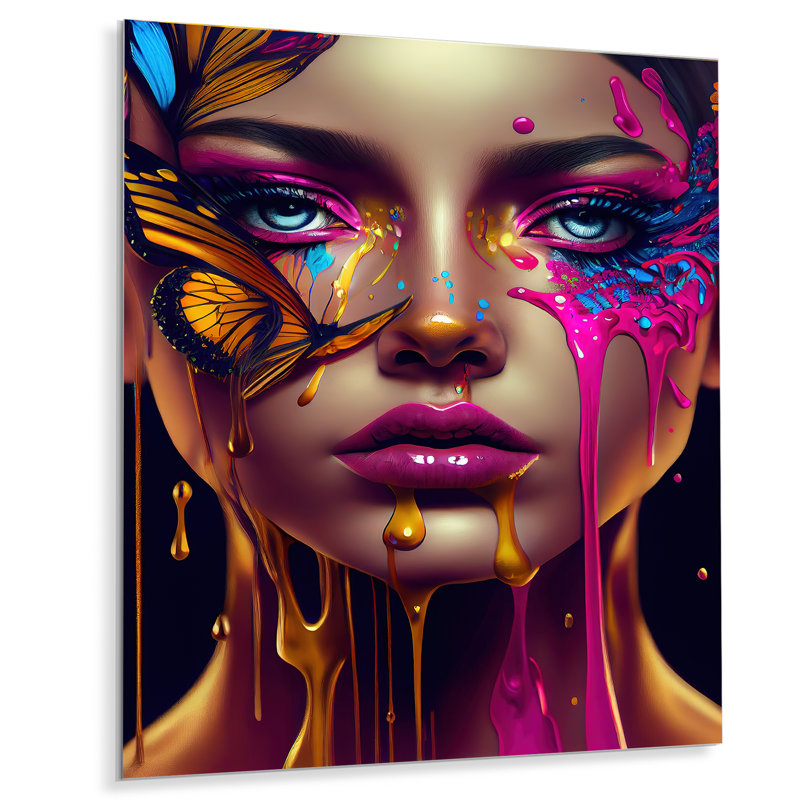 «Sensual Woman with Colorful Butterfly III» - décoration murale glamour contemporaine en métal, H 40 po x l 30 po x P 1 po