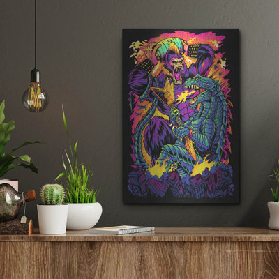  «Giant Ape Vs Giant Lézard» par FlyLand Designs, art mural en métal, 12 po x 16 po