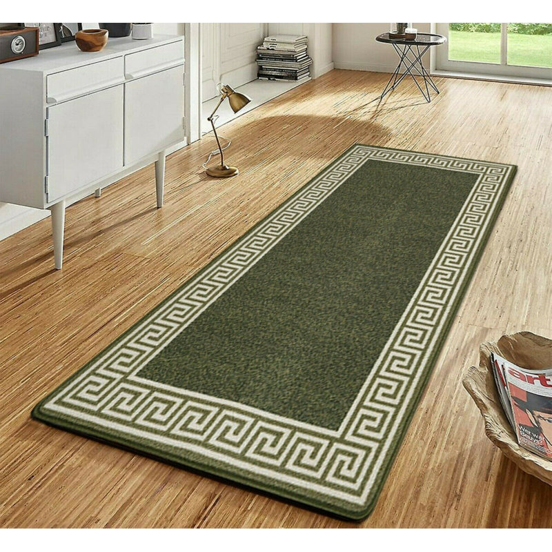Greek-Key Green Cream Non-Slip Polypropylene Area Rug — Washable Door Mat & Hallway Runner for Living Room, Kitchen & Bedroom