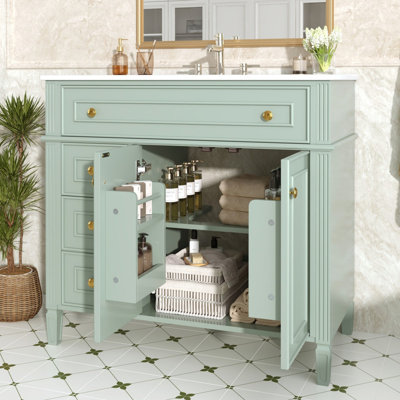 36 Inch Green Solid Wood Bathroom Vanity with Sink Flip Drawer Soft Close Doors and Gold Handles