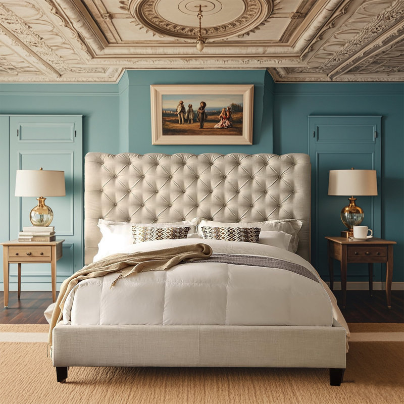 Structure de lit rembourrée en tissu avec tête de lit réglable / style Chesterfield / support à lattes de bois, Beige