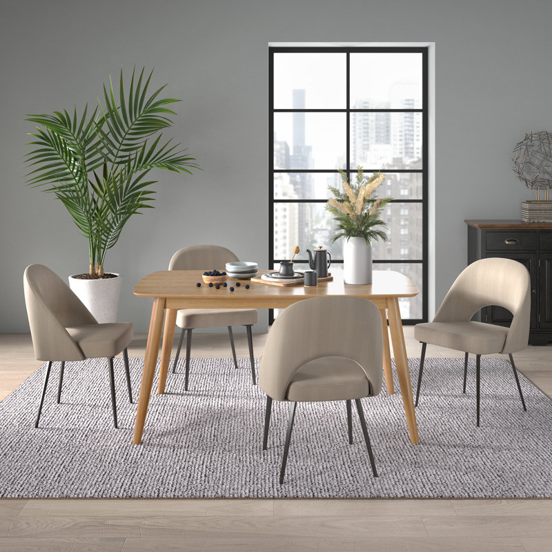 Farias Mid-Century Modern Tapered Dining Set, Herringbone Fabric, 59" Dining Table And 4 Chairs, Natural, Beige