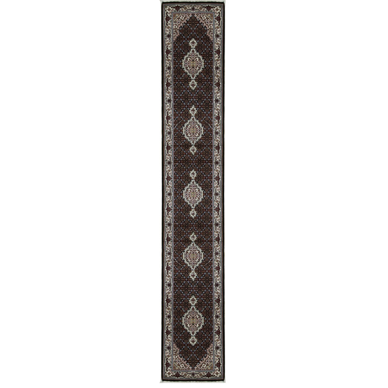 Hand-Knotted High-Quality Black and Cream Runner