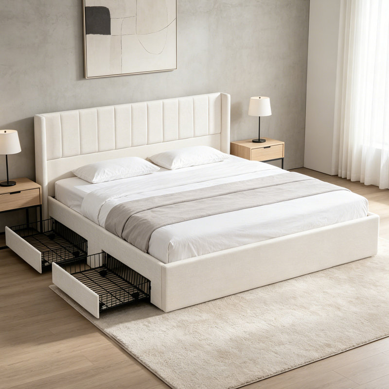 Lit plateforme en chenille avec tête de lit à oreilles et 4 tiroirs de rangement sous le lit, Grand lit