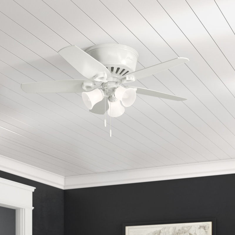 42" Builder Low Profile 5 - Blade Flush Mount Ceiling Fan with Pull Chain and Light Kit Included, Snow White