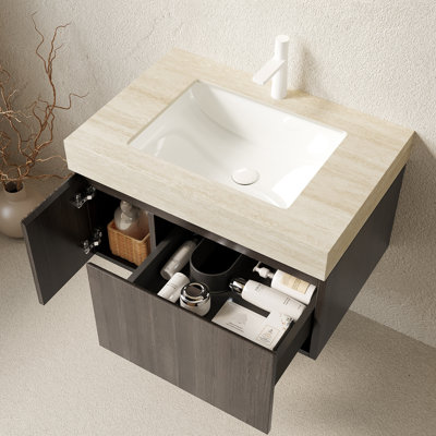 Meuble-lavabo de salle de bain 30 po avec lavabo, tiroir et porte d'armoire en contreplaqué, plateau en pierre frittée, trou de robinet simple en céramique, comptoir de couleur pré-assemblé, percé