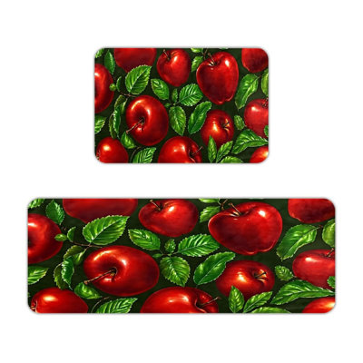 Kitchen Living Room Dark Green Red Apple Print 2 Pcs Kitchen Mats
