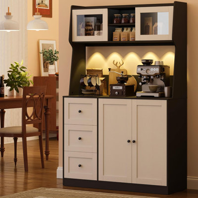 Armoire de cuisine avec rangement, armoire-buffet avec comptoir pour support à micro-ondes, grand bahut avec DEL, 3 tiroirs et tablettes réglables pour la salle à manger, noir et blanc