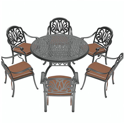 Ensemble de 7 pièces de mobilier de patio en aluminium coulé avec cadre noir et coussins de siège bruns
