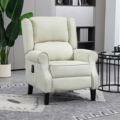 Fauteuil en lin blanc avec massage chauffant et vibrant pour relaxer la chaleur du fauteuil inclinable - Tissu à oreilles simple, repose-pieds et poche latérale, tranquille