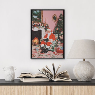 Cozy Santa Reading by Fireplace Classic Christmas Home Interior Scene, reproduction d'art sur toile encadrée dans la chambre principale