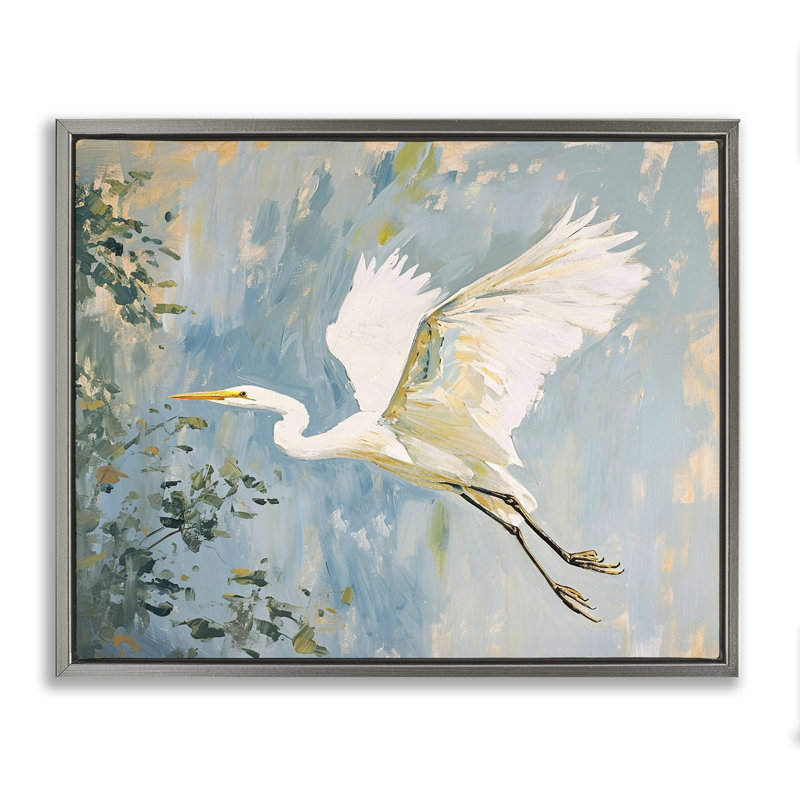 «White Heron in Flight» par Ramona Murdock, Cadre flottant gris lustré, H 25 po x l 31 po