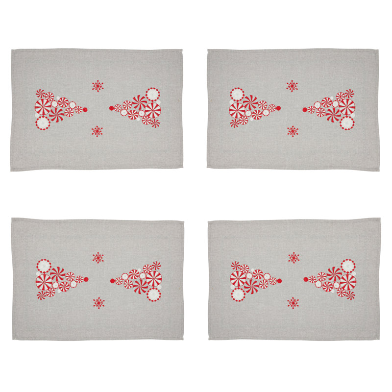 Peppermint Christmas Tree Silver Fabric Placemats Set of 4