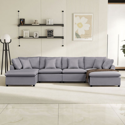 6 piece 142" Extra Deep Sectional Sofa Modern L-Shaped Modular Sectional Chenille Sofa with Ottoman, Pillow-Top Arms, and Plush Fabric Upholstery by Latitude Run