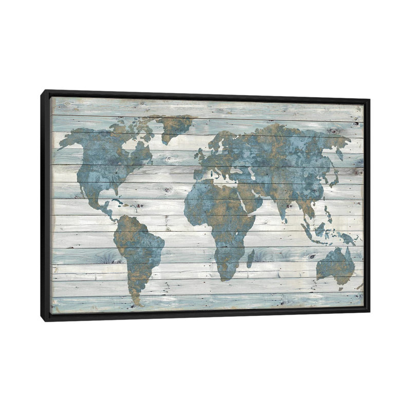 World Map on Wood by Jamie Macdowell - Wrapped Canvas Print, 18" H x 26" W x 1.5" D, No Mat, Black Framed Canvas