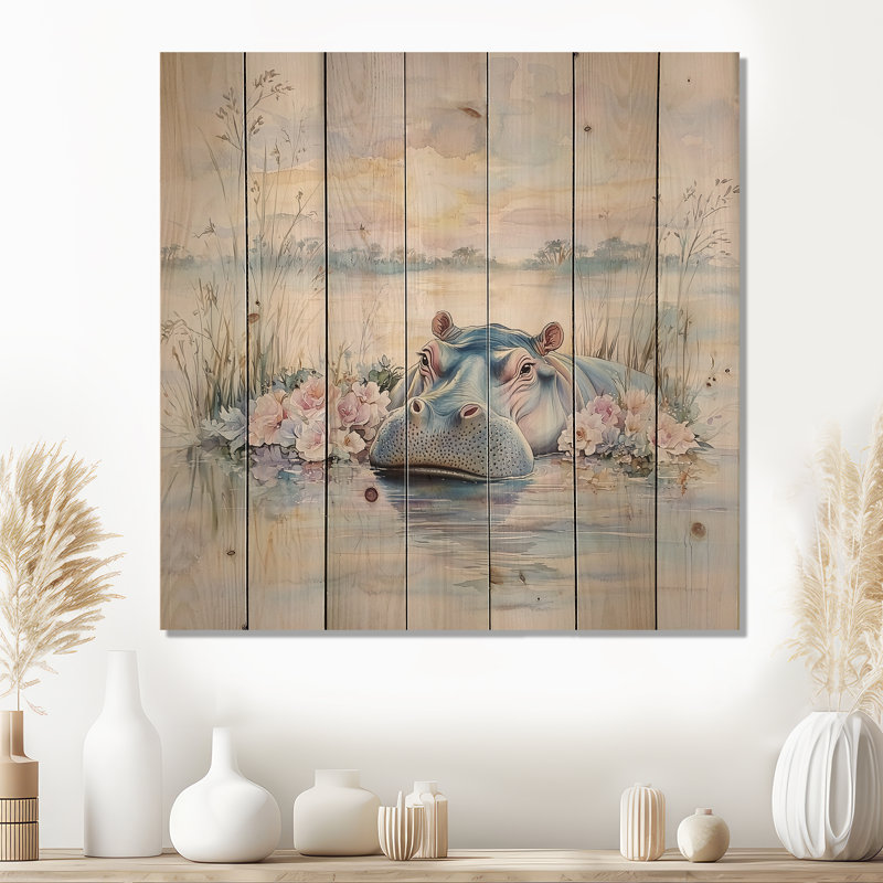 Fleur hippopotame au coucher du soleil - Art mural moderne sur bois de pin naturel, H 15 po x l 15 po