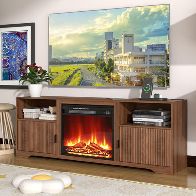 Fireplace TV Stand for Television up to 80 Inch,Entertainment Center with Adjustable Shelf,Mid-Century Modern Fluted TV Stand with 23"" Electric Firepl -  Red Barrel Studio®, F5390AFB5ED54DE4B10B8919EF74F2A1