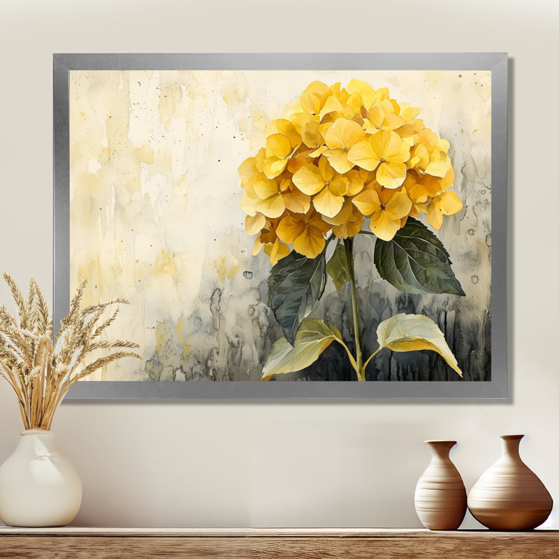 Jaune hydrangée jaune III - art mural hortensia, H 16 po x l 32 po, Impression de cadre photo, Argent argent