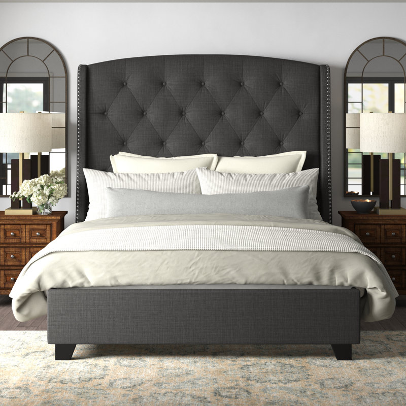 Lit tapissier standard capitonné Brigg, Grand, Gris