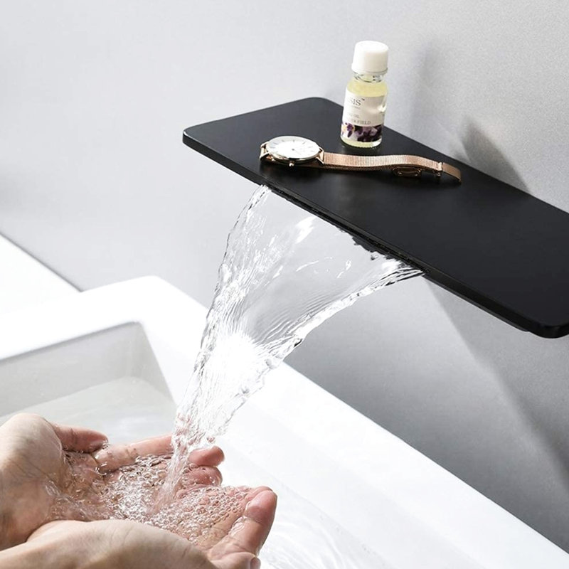 Matte Black Bathroom Sink Waterfall Valve, Produced With Quality Brass, Single For Simple Water Control, Elegant Design Spout Tap, Fine Effortless Compact Setup
