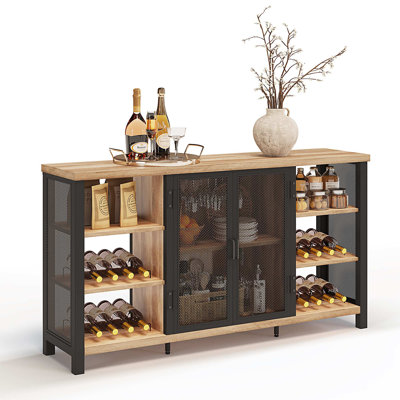 Guinna Industrial Wine Bar Cabinet For Liquor And Glasses, Farmhouse Wood Coffee Bar Cabinet With Wine Rack, Metal Sideboard And Buffet Cabinet