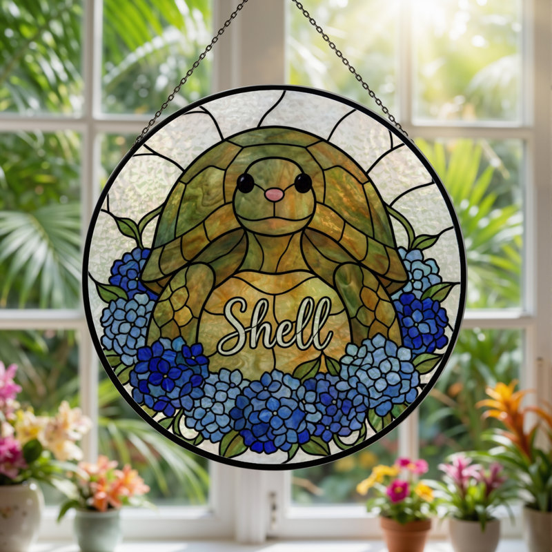 7.8"H Turtle Flowers Stained Glass Window Panel, 7.8" H x 7.8" W