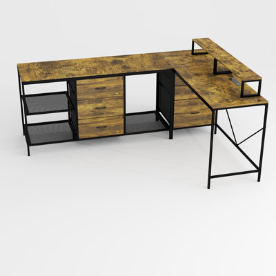 114" L-Shaped Desk With Power Hub, Industrial Gaming Desk - 6 Drawers, Removable Monitor Stand, Rustic Brown Home Office
