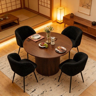47" Round Dining Room Table And Chair Set, Walnut Table With 4 Sherpa Kitchen Chairs For Dining Room Kitchen Apartment - Black