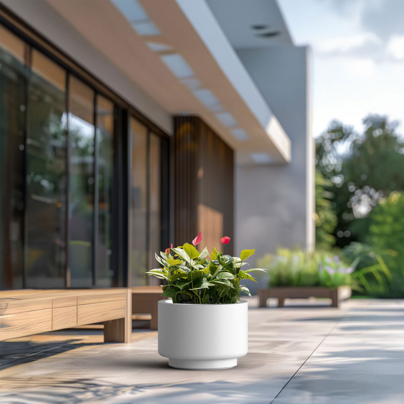 Large Concrete Round Planter / Pot With Drainage Holes, 7.09" H x 9.84" W x 9.84" D, Crisp White