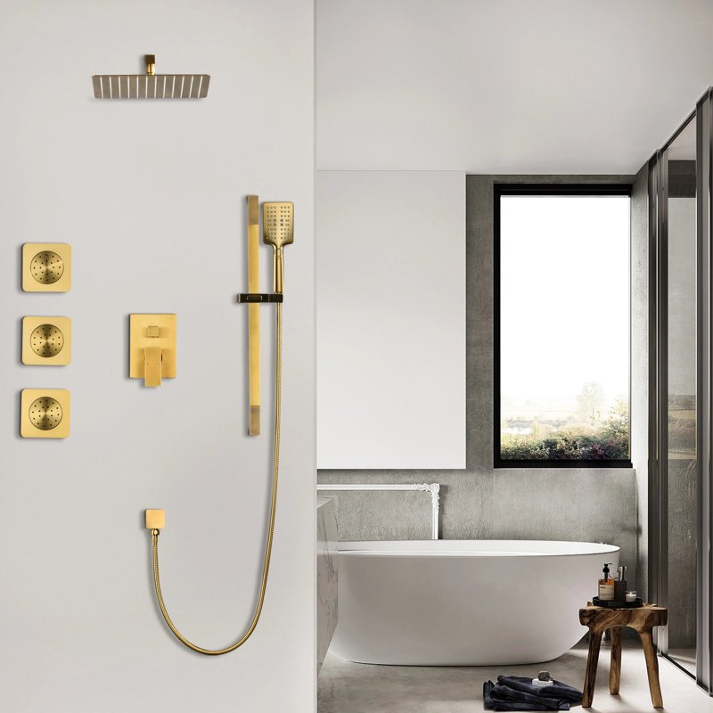 Golden Shower System With Head, Hand Shower, Slide Bar, Bodysprays, Arm, Hose, Valve Trim And Lever Handles. Self-cleaning Head For Natural Rainfall Ambiance. , Brass. 12.32 In. Depth, 59.36 Width,