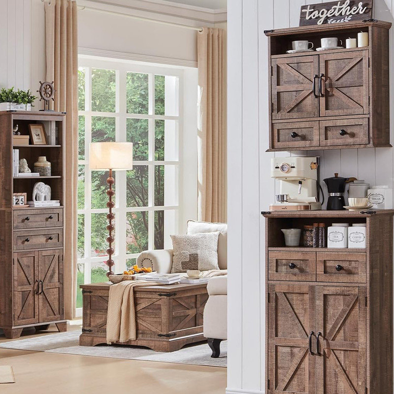 Rustic Brown Farmhouse Bathroom Wall Cabinet with Barn Doors