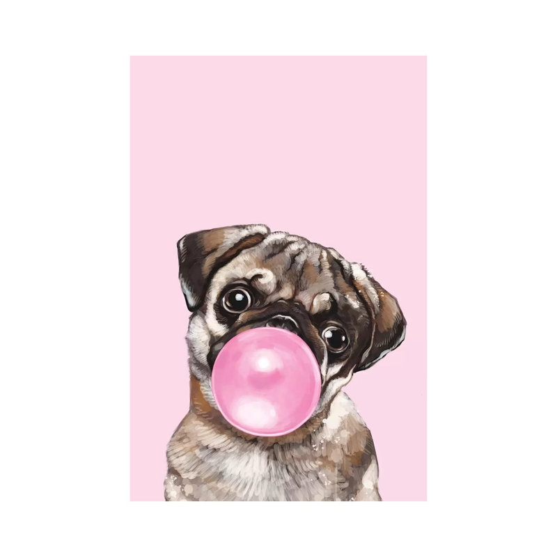 «Pug Blowing Bubble Gum in Pink» par Big Nose Work, impression, H 12 po x l 8 po x P 0,75 po, Toile tendue