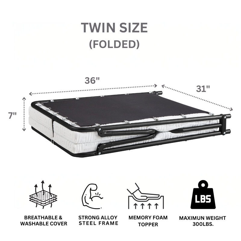 Twin Foldaway Metal Frame Guest Bed with GelLux Foam Mattress