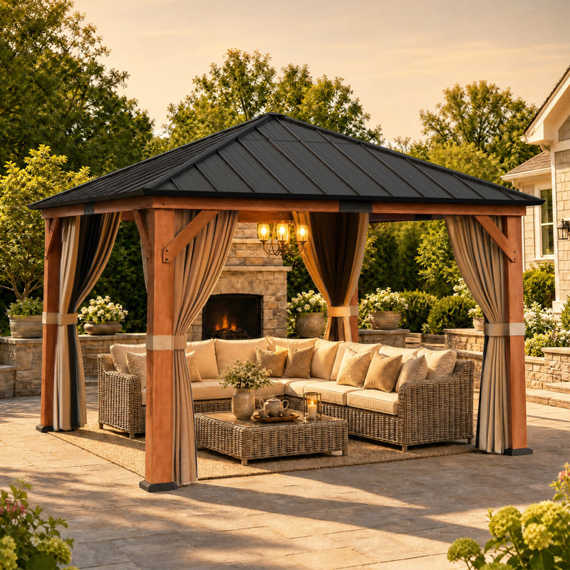 Hadley 12 Ft.X 12 Ft.Outdoor Patio Premium Cedar Wood Frame Gazebo With Mosquito Netting And Curtains, Galvanized Steel Hardtop Single Roof Pavilion