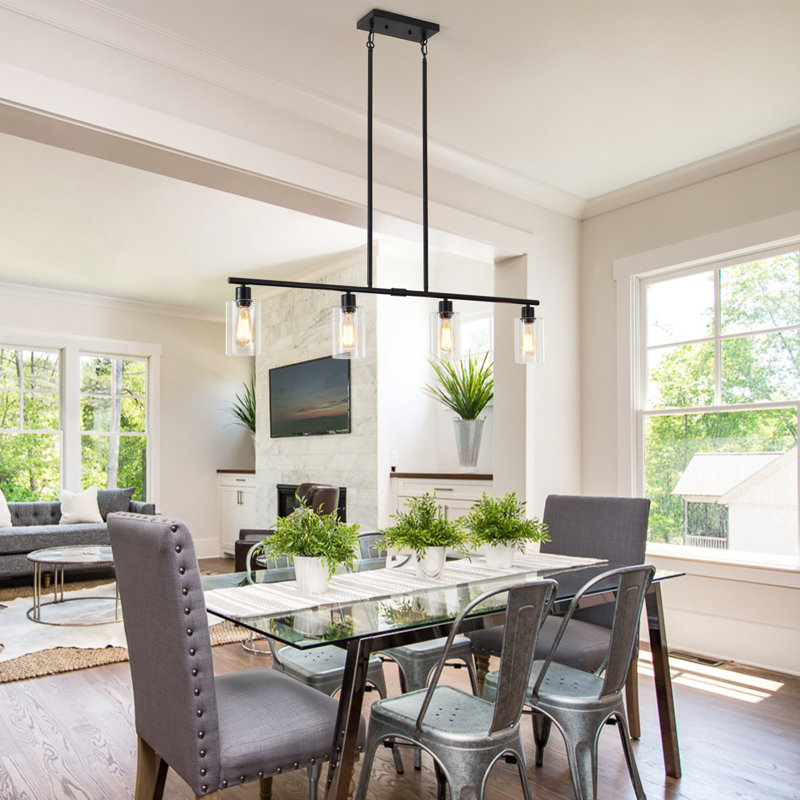 Delmo 4 - Light 43.7'' Kitchen Island Jar Pendant Modern Linear Chandelier with Clear Glass Shades, Black